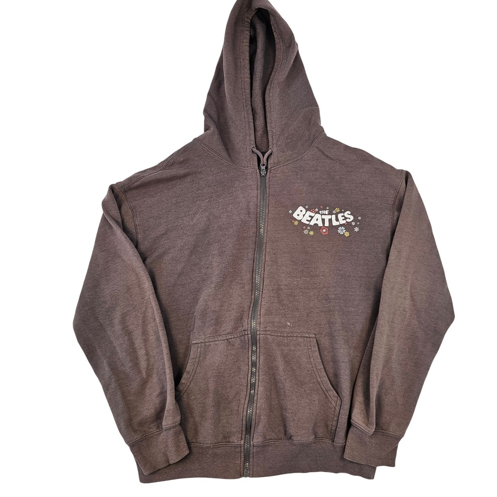 The Beatles Zip Up Hoodie Brown Faded Fleece Floral Logo Band Sweatshirt Medium